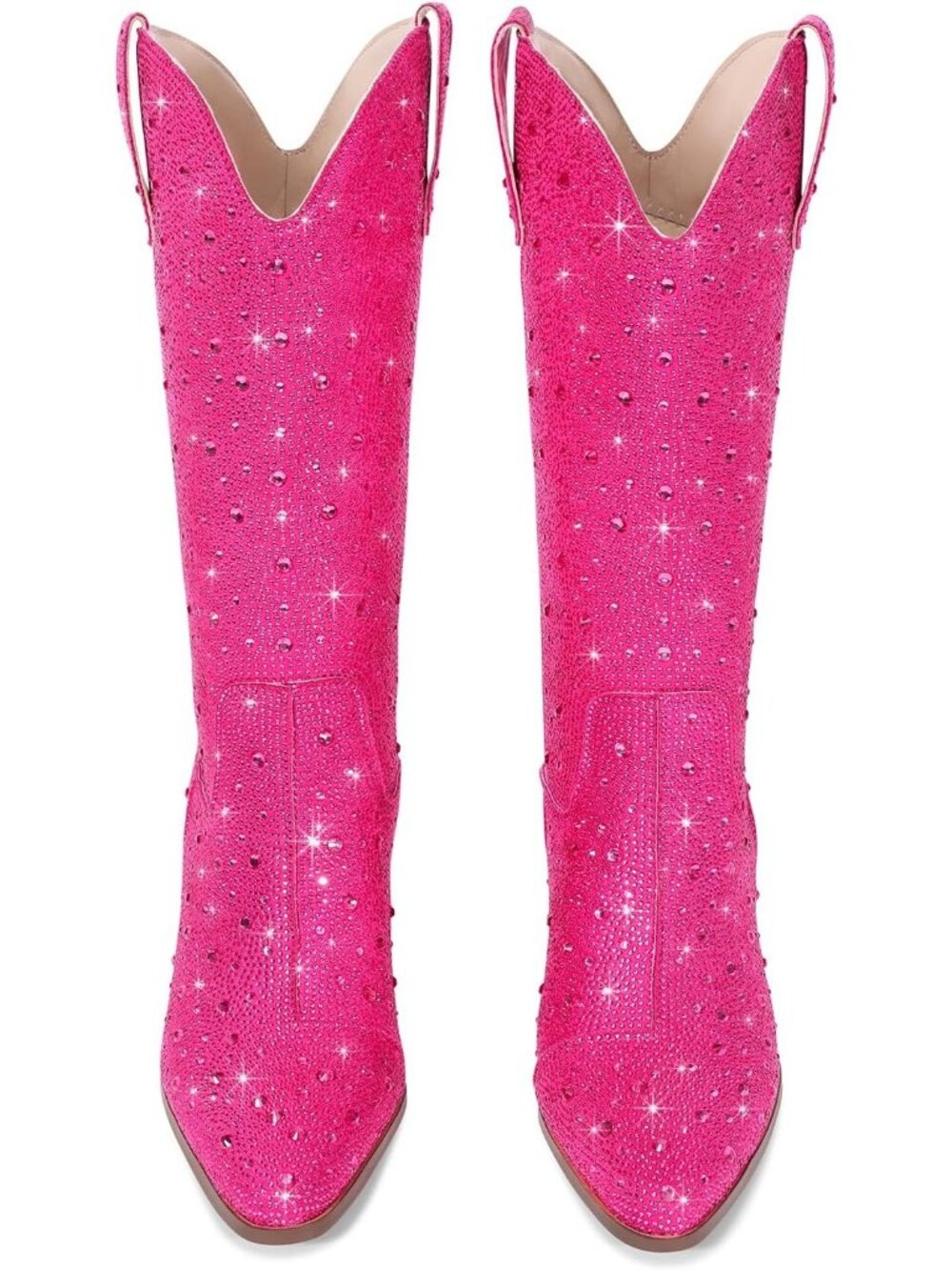 Women's Mid Calf Pink Western Rhinestone Chunky Heel Fashion Cowgirl Ankle Boot - Picture 3 of 6